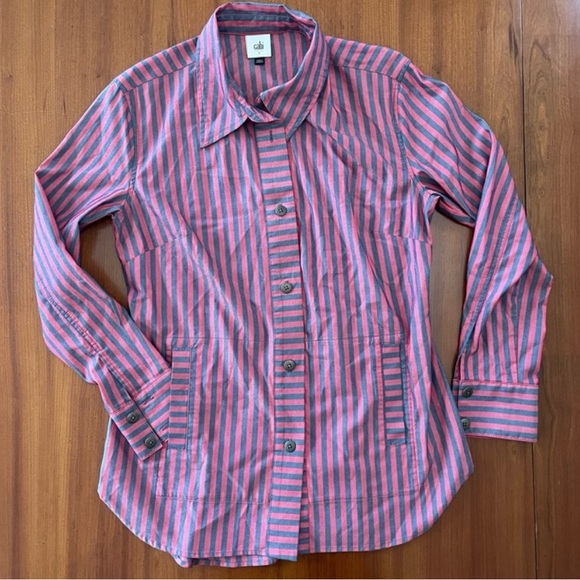 🌊 Cabi Regatta Shacket Red Gray Striped Button-Up Shirt Jacket Women’s Small - Picture 1 of 6